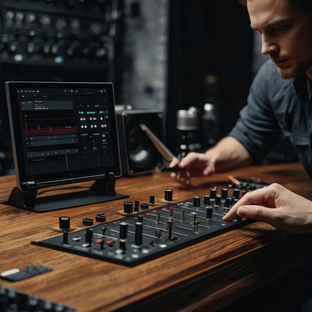 Audio branding service being developed in a professional studio, with a sound designer working on creating unique audio elements for brand identity